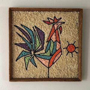 Vintage Gravel Pebble Artwork Rustic Rooster in wood frame